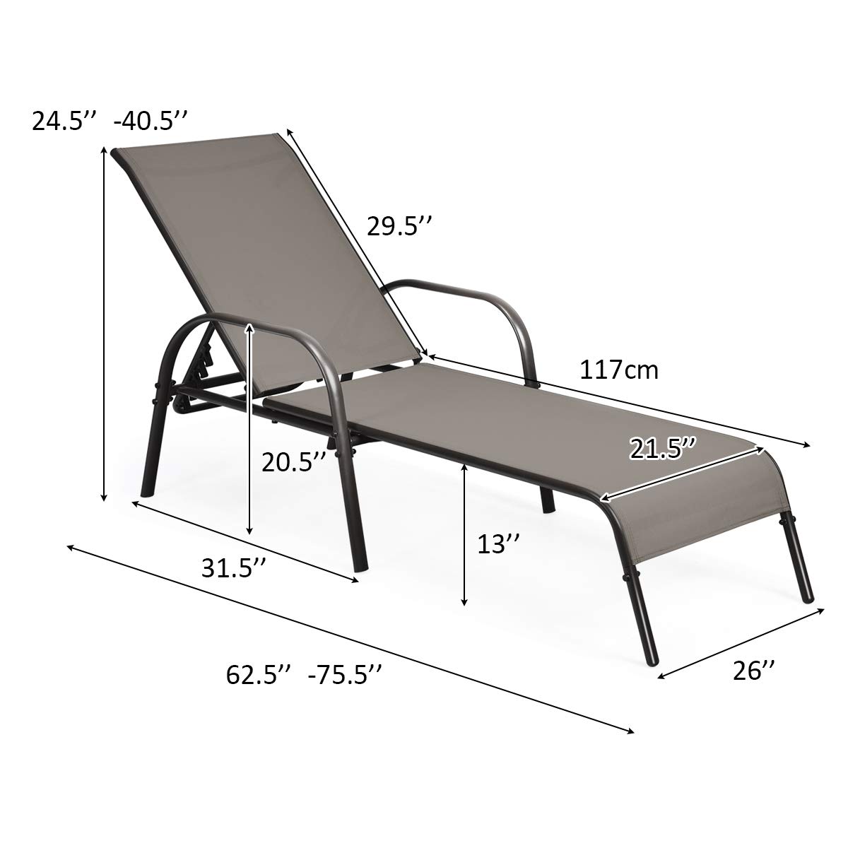 COSTWAY Outdoor Patio Lounge Chair Chaise Fabric Adjustable Reclining Armrest Pool Brown