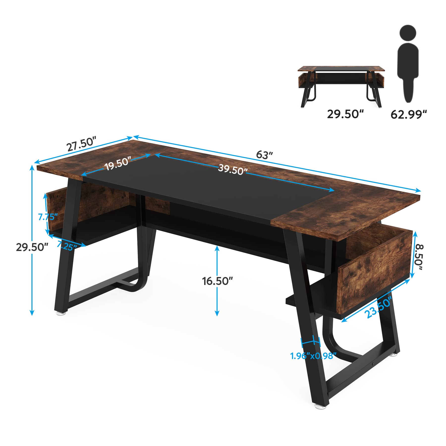 Tribesigns 63 inch Computer Desk Modern Office Desk with Shelf for Home Office, Large Writing Table Wood Business Workstation with Storage Shelves and Sturdy Metal Frame for Study Bedroom, Black Brown