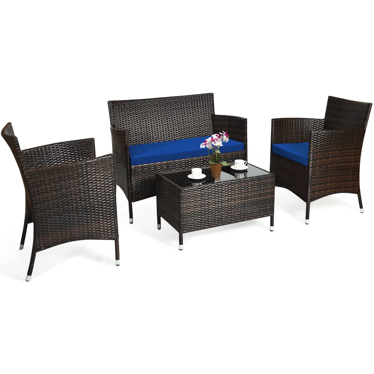 COSTWAY 4PCS Rattan Patio Furniture Set, Outdoor Wicker Rattan Chairs with Coffee Table, Rattan Cushioned Conversation Set for Backyard Balcony Porch Poolside, Navy