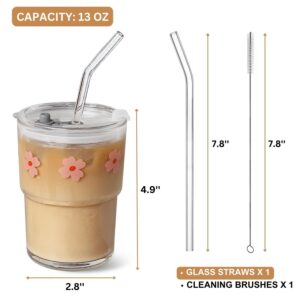 Olvini 13oz Glass Tumbler with Glass Straw and Lid, Iced Coffee Cups Reusable, Water Cup, Coffee Tumbler, Glass Coffee Mugs, Drinking Glass Cups (Bon Appétit)