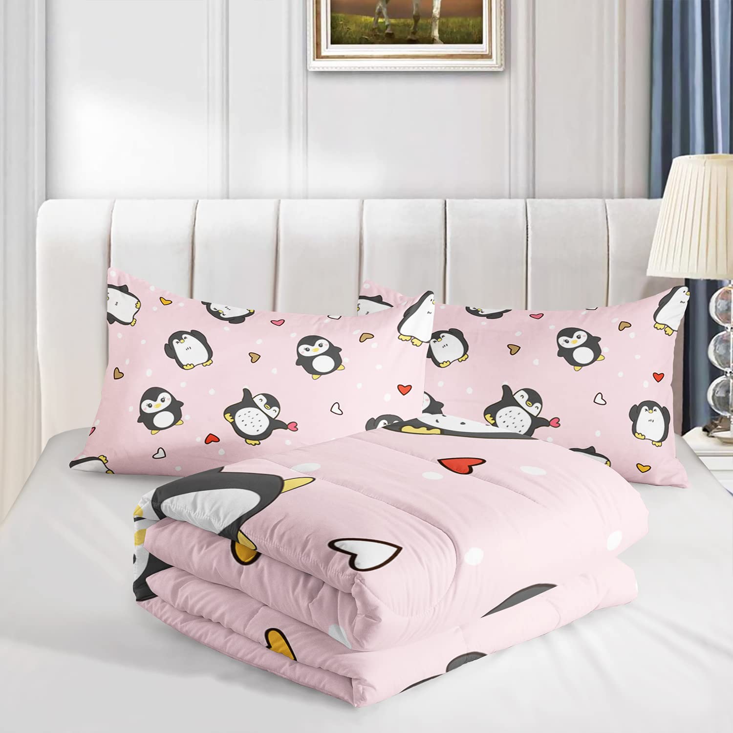 CVHOUSE Cartoon Penguin Bedding Set Twin Cute Animal Pattern Kids Teen Comforter Set 3 Pieces with 1 Comforter + 2 Pillow Cases Decor Comforter Set Cute Penguin Animal Pattern