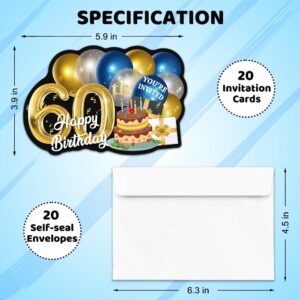 ERHACHAIJIA 20 PCS Blue & Golden Balloons & Cake Shaped Fill-In Invitations Cards With Envelopes, Funny 60th Happy Birthday Party 60 Year Old Birthday Invites For Men Husband Dad Farther