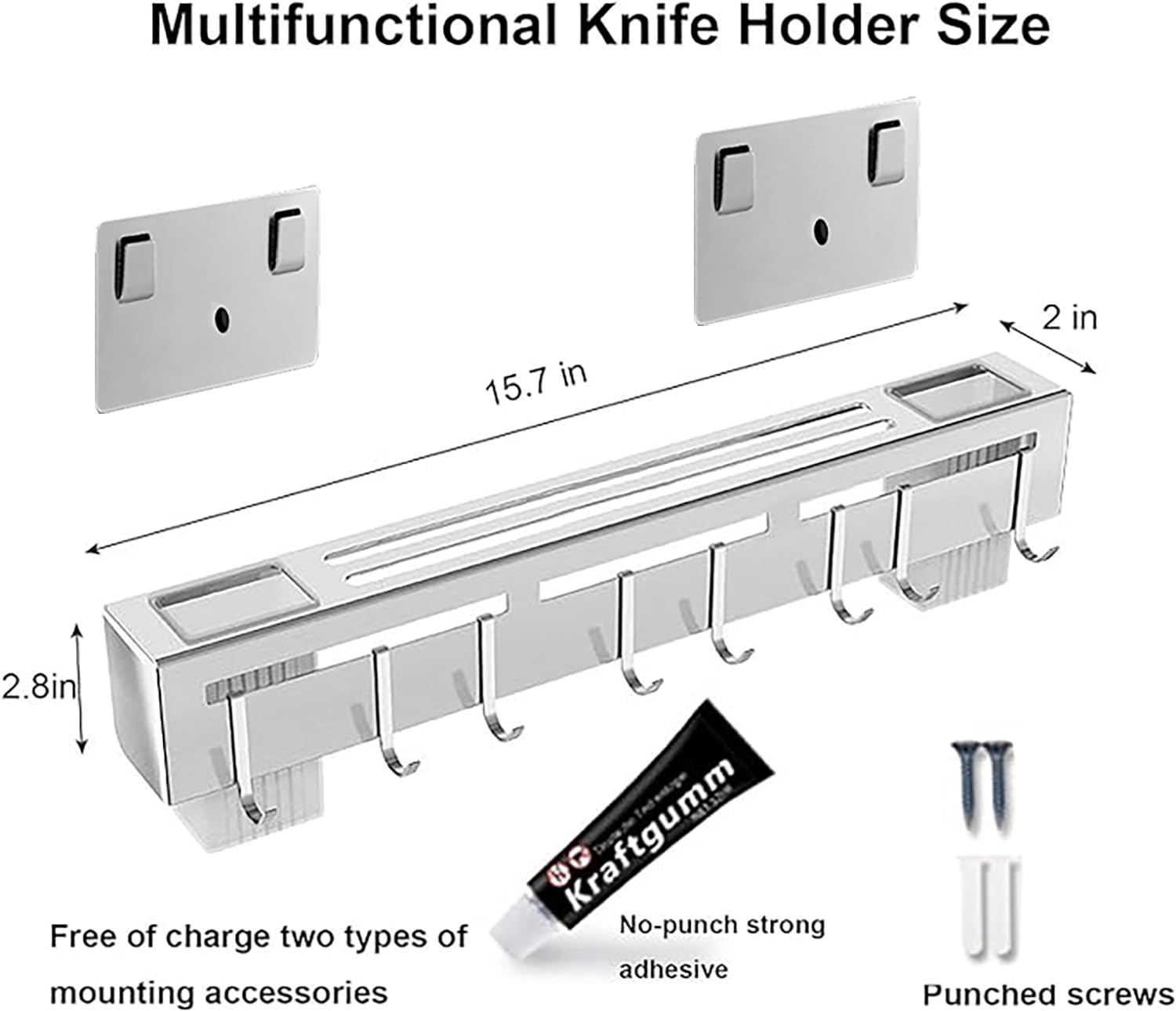 Knife Holder, Stainless Steel Knife Holder with 8 Hooks, No Punching kitchen Wall Mounted Multifunctional Chopsticks & Knife Holder for Storing Chopsticks, Knives & Rags in Home/Hotel