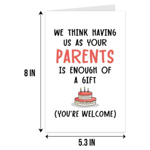 Qiliji Birthday Card for Son Daughter, Funny Birthday Card from Parents, Cheeky Bday Greeting Card for Kids, Having Us As Your Parents Is Enough Of A Gift