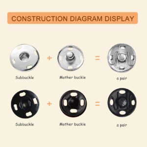 Willrain Sewing Snaps,120 Sets 8 mm and 10 mm,Black and Silver, Sew-on Snap Buttons Metal Snaps Fasteners Press Studs Buttons for Sewing