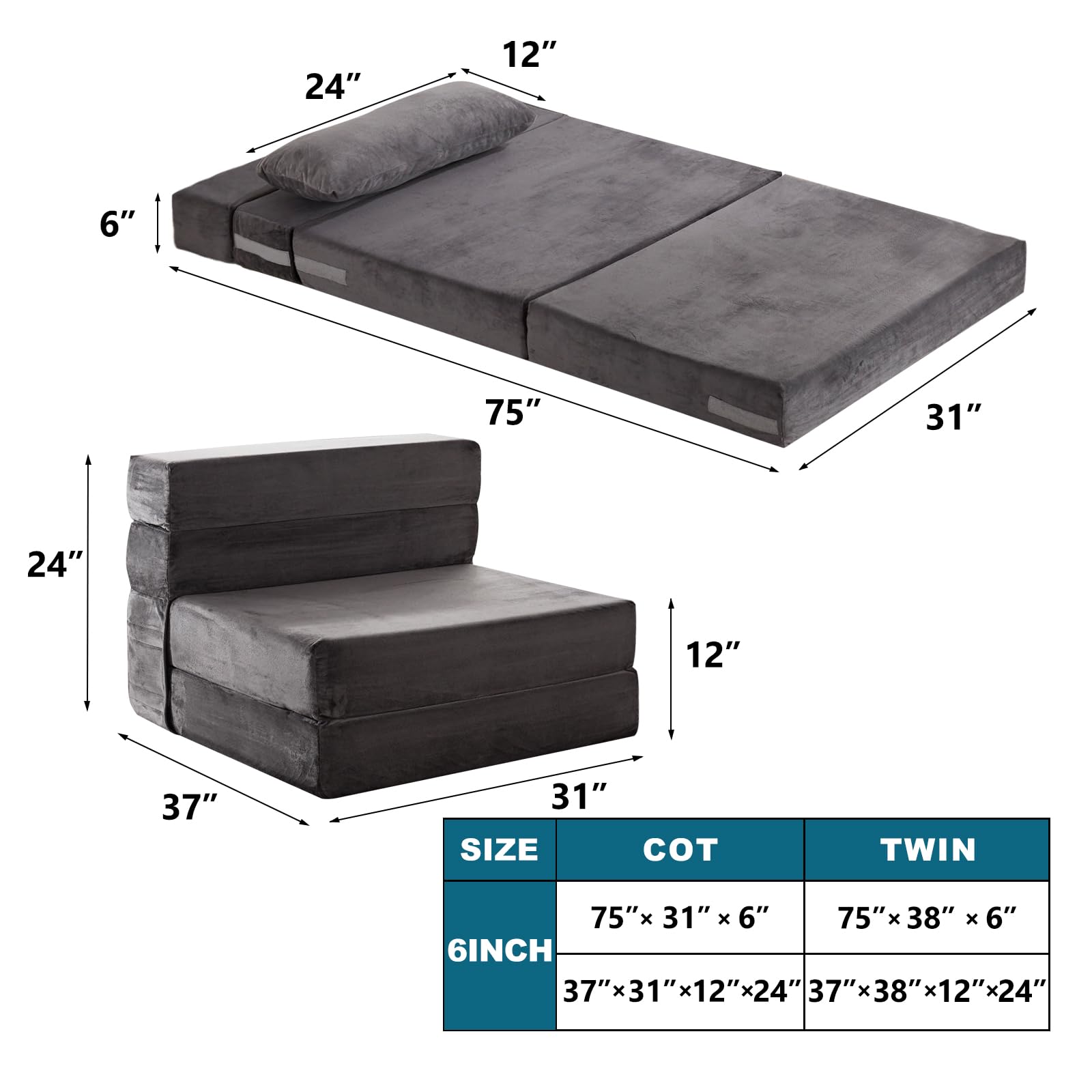 SINWEEK 6 Inch Folding Sofa Bed Memory Foam Folding Mattress Topper with a Pillow and Storage Bag Fold Out Chair Bed Foldable 4-Piece Sleeper Couch with Machine Washable Cover 75 x 31 Cot Size