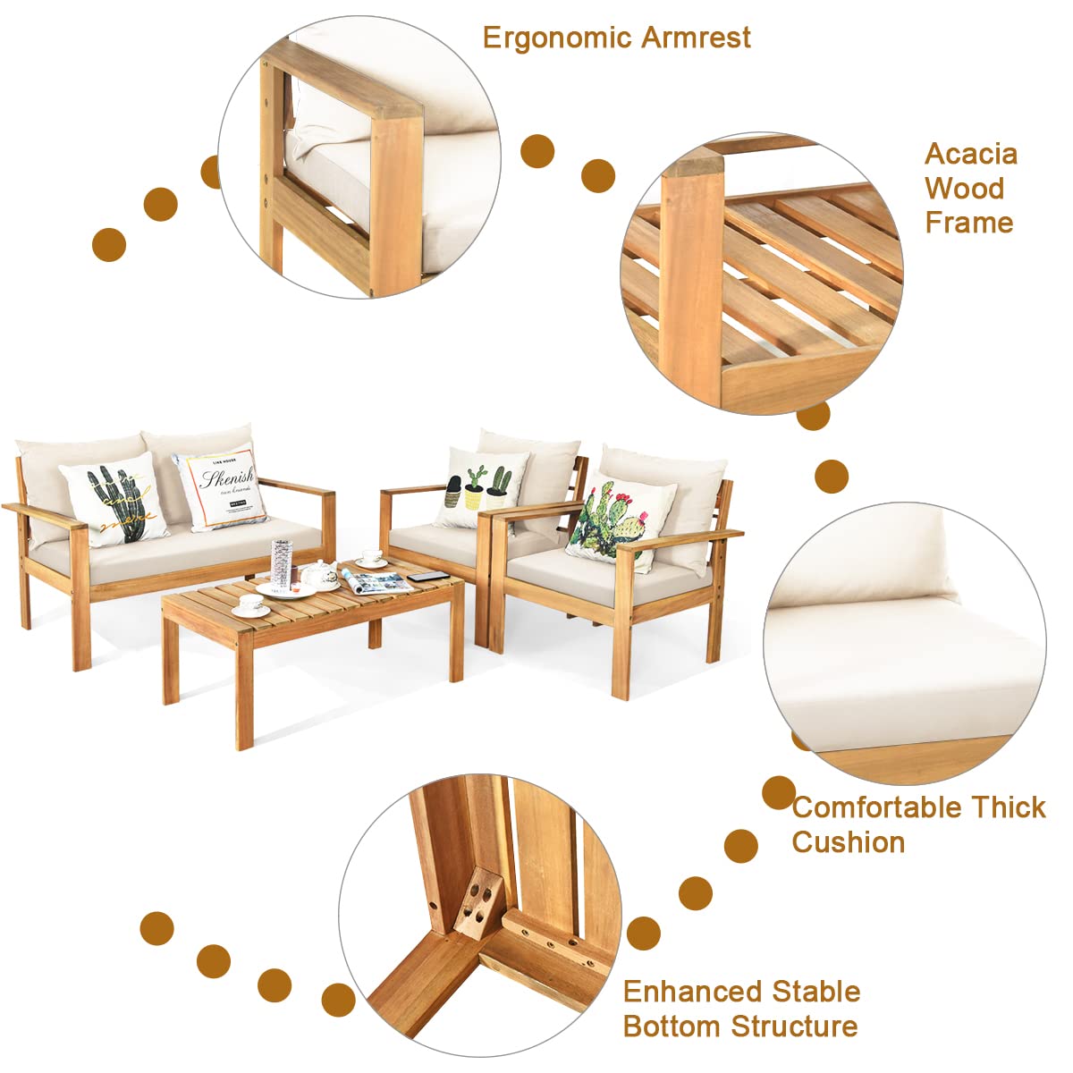 COSTWAY 8 Pieces Outdoor Acacia Wood Sofa Set, Outdoor Conversation Sofa Set with Table & Cushions Porch Chairs for Garden, Patio, Deck