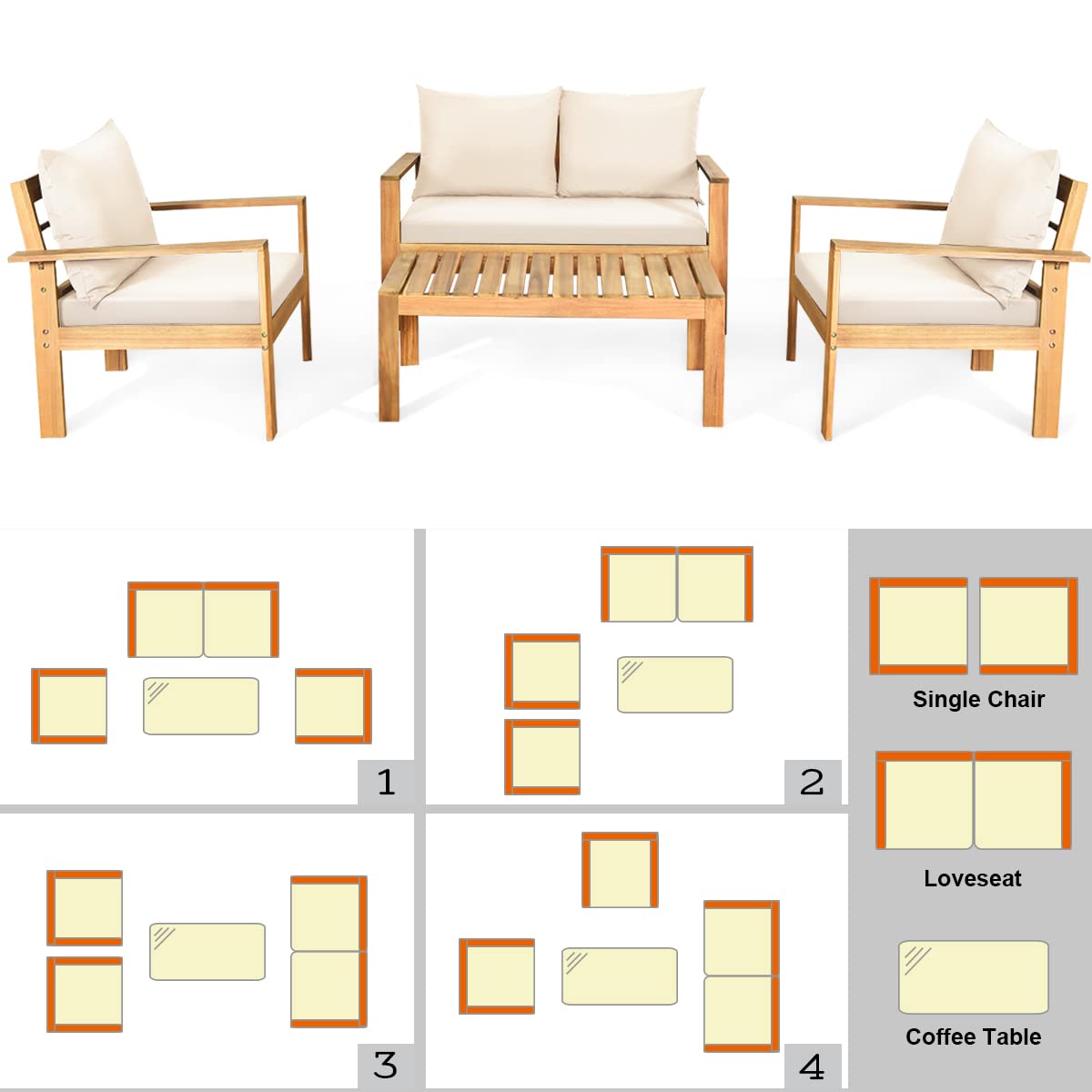 COSTWAY 8 Pieces Outdoor Acacia Wood Sofa Set, Outdoor Conversation Sofa Set with Table & Cushions Porch Chairs for Garden, Patio, Deck