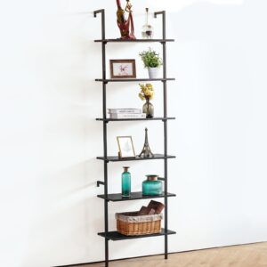 apicizon 6 tier ladder shelf, industrial wall shelf with wood shelves and stable metal frame, open wall mount bookcases, display shelves, plant flower rack for home office, balcony, bathroom, black