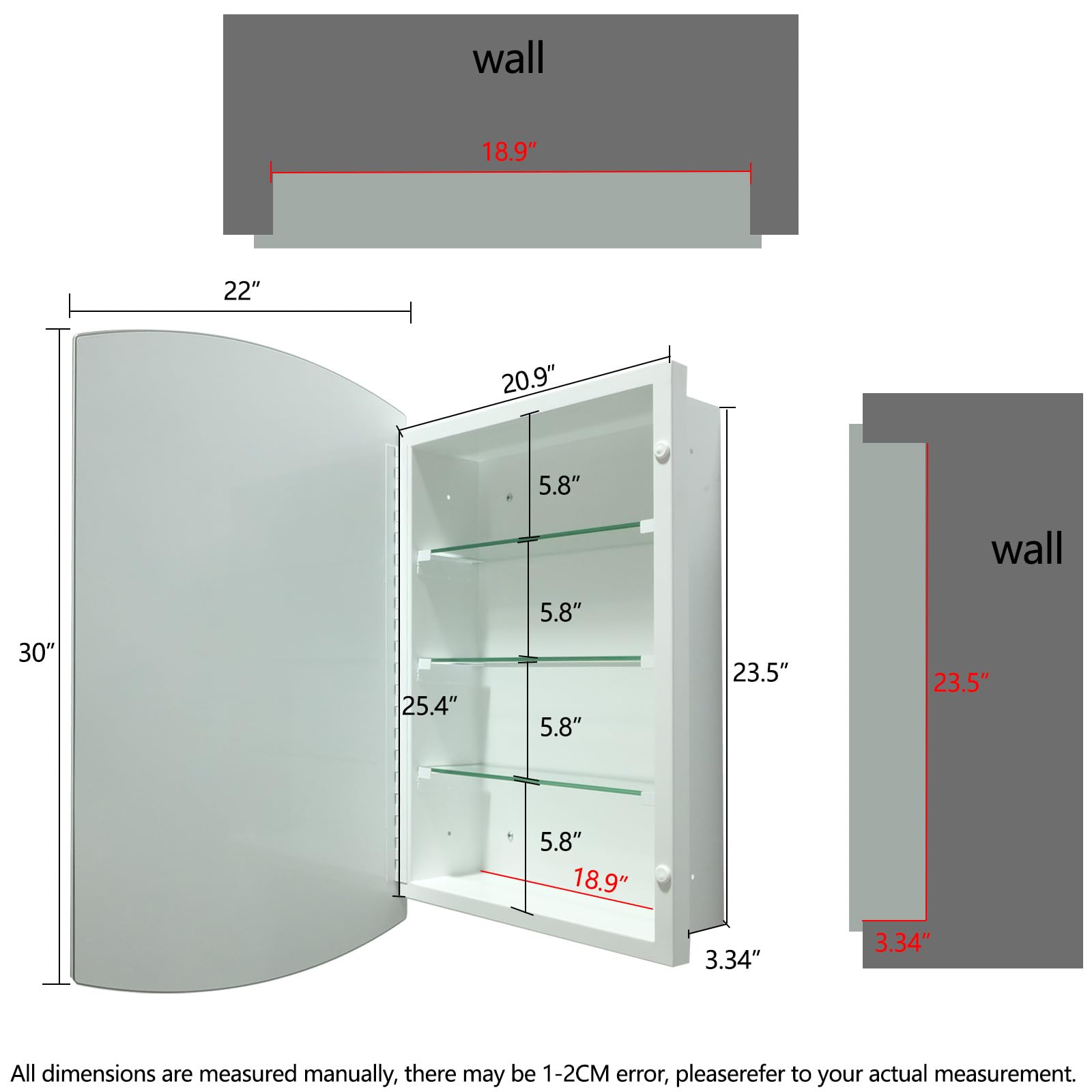 HESONTH Bathroom Medicine Cabinet, Frameless Mirror Cabinet, Recess or Surface Mounted Medicine Cabinet with Mirror, 22 x 30 inches Cabinet for Bathroom Living Room Toilet Kitchen