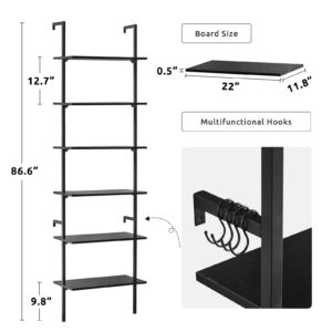 Apicizon 6 Tier Ladder Shelf, Industrial Wall Shelf with Wood Shelves and Stable Metal Frame, Open Wall Mount Bookcases, Display Shelves, Plant Flower Rack for Home Office, Balcony, Bathroom, Black