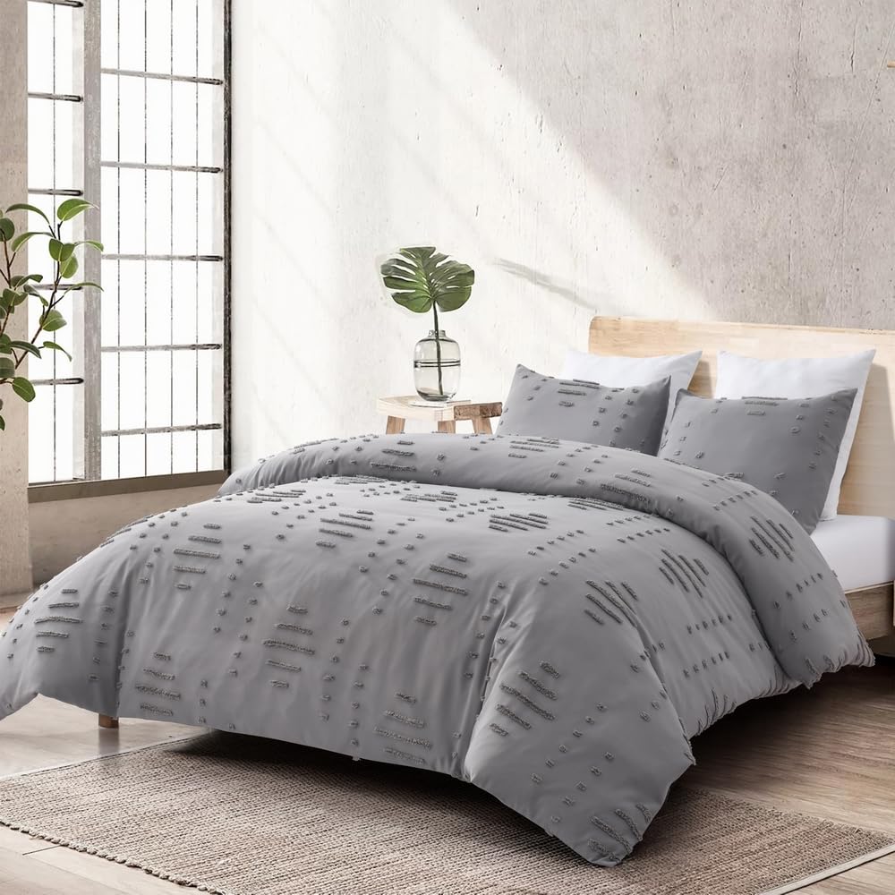 Duvetex Grey Tufted King Duvet Cover Set, Soft and Lightweight Shabby Chic Embroidery Duvet Covers for All Seasons, 3 Pieces Boho Bedding Set 104" x 92"(1 Duvet Cover with 2 Pillow Shams)