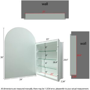 HESONTH Arched Medicine Cabinets with Frameless Mirror, Wall Mounted Bathroom Medicine Cabinet, Bathroom Mirrored Cabinet with Storage, 24x36 Inches Vanity Mirrors with Storage Cabinet