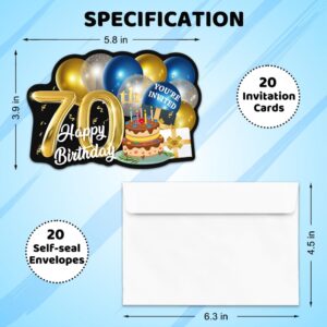 ERHACHAIJIA 20 PCS Blue & Golden Balloons & Cake Shaped Fill-In Invitations Cards With Envelopes, Funny 70th Happy Birthday Party 70 Year Old Birthday Invites For Men Husband Dad Farther