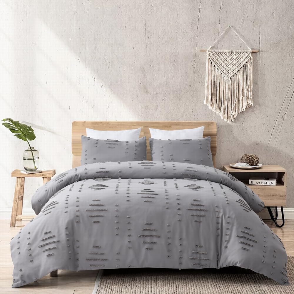 Duvetex Grey Tufted King Duvet Cover Set, Soft and Lightweight Shabby Chic Embroidery Duvet Covers for All Seasons, 3 Pieces Boho Bedding Set 104" x 92"(1 Duvet Cover with 2 Pillow Shams)