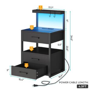 VIAGDO Led Nightstand with Charging Station, 3 Drawers Night Stands with Led Lights, Black Bedside Tables with Storage Shelves, Modern End Side Tables for Bedroom, Office