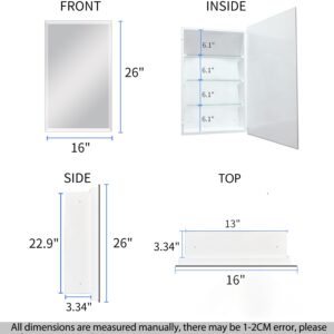 HESONTH Bathroom Medicine Cabinet with 16"x26" Frameless Mirror, Rectangular Beveled Frameless Mirror Cabinet,Wall Mounted Cabinet for Bathroom Toilet Kitchen,Recess or Surface Mount Installation