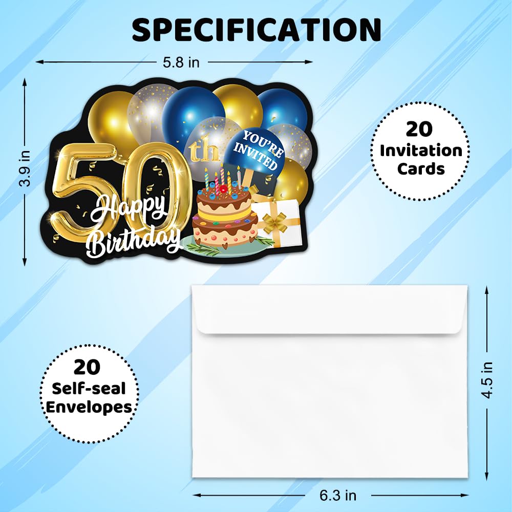 ERHACHAIJIA 20 PCS Blue & Golden Balloons & Cake Shaped Fill-In Invitations Cards With Envelopes, Funny 50th Happy Birthday Party 50 Year Old Birthday Invites For Men Husband Dad Farther