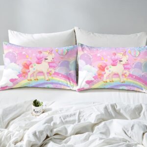 Feelyou Unicorn Girls Bedding Set Full Kawaii Cute Rainbow Unicorn Bed Sheets Cartoon Horse Sheet Set Kids Children Galaxy Stars Magical Pink Unicorn Animal Room Decor 1 Sheet +2 Pillowcases