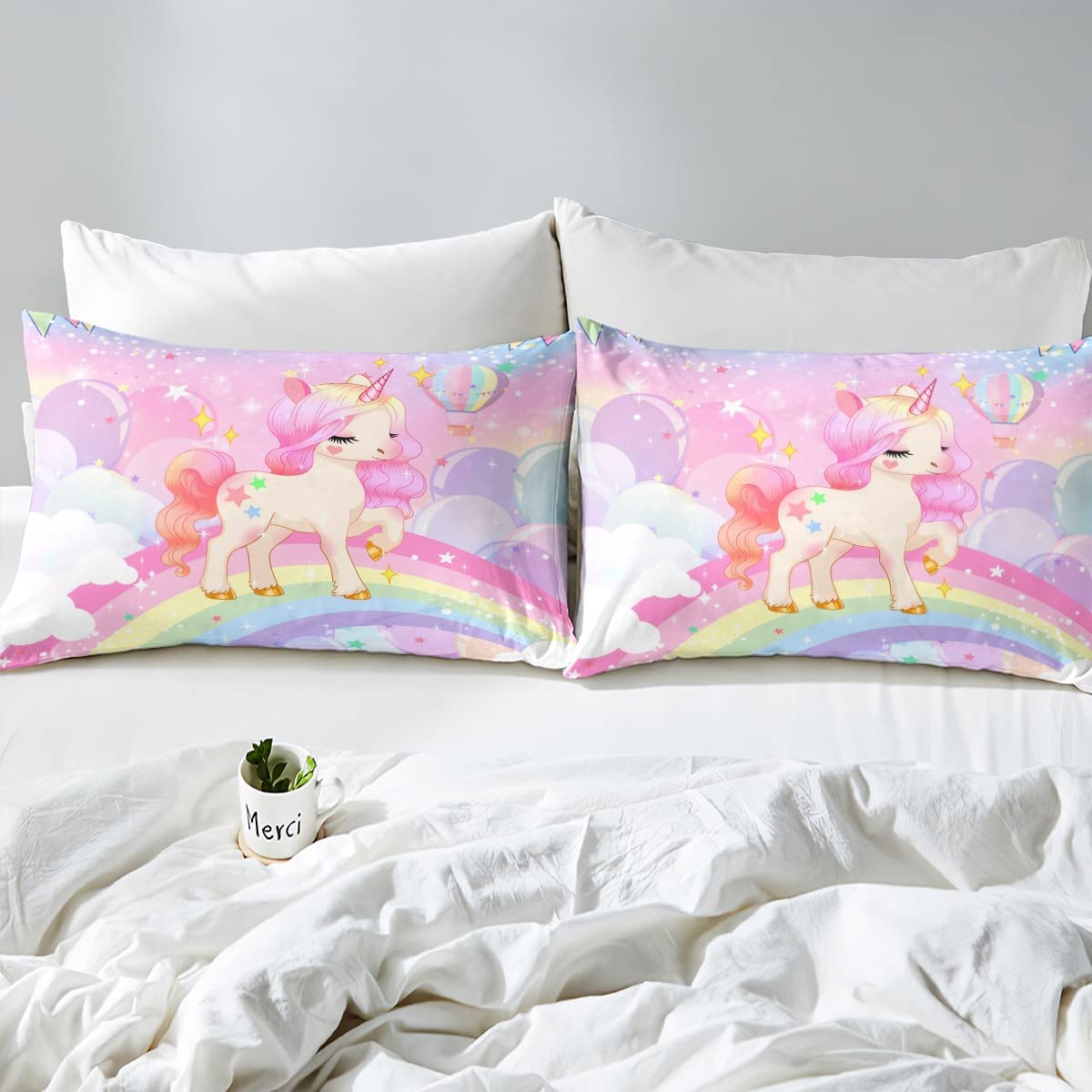 Feelyou Unicorn Girls Bedding Set Full Kawaii Cute Rainbow Unicorn Bed Sheets Cartoon Horse Sheet Set Kids Children Galaxy Stars Magical Pink Unicorn Animal Room Decor 1 Sheet +2 Pillowcases