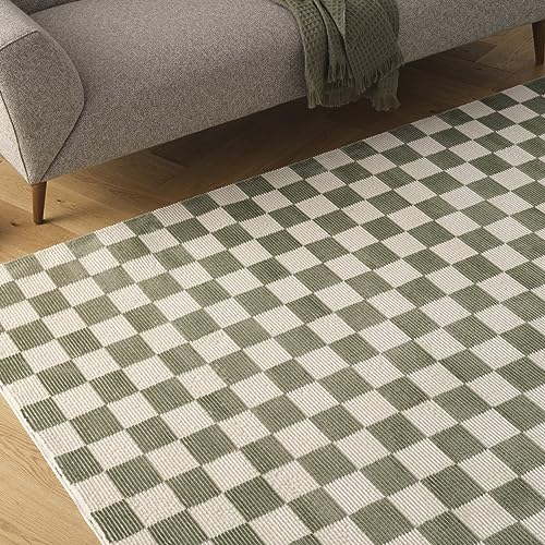 Revival Rugs Gambit 5'3"x8' Checkered Rug Washable Area Rug for Living Room Bedroom - 100% Recycled Oeko-TEX Certified, Medium Pile, Green, Beige