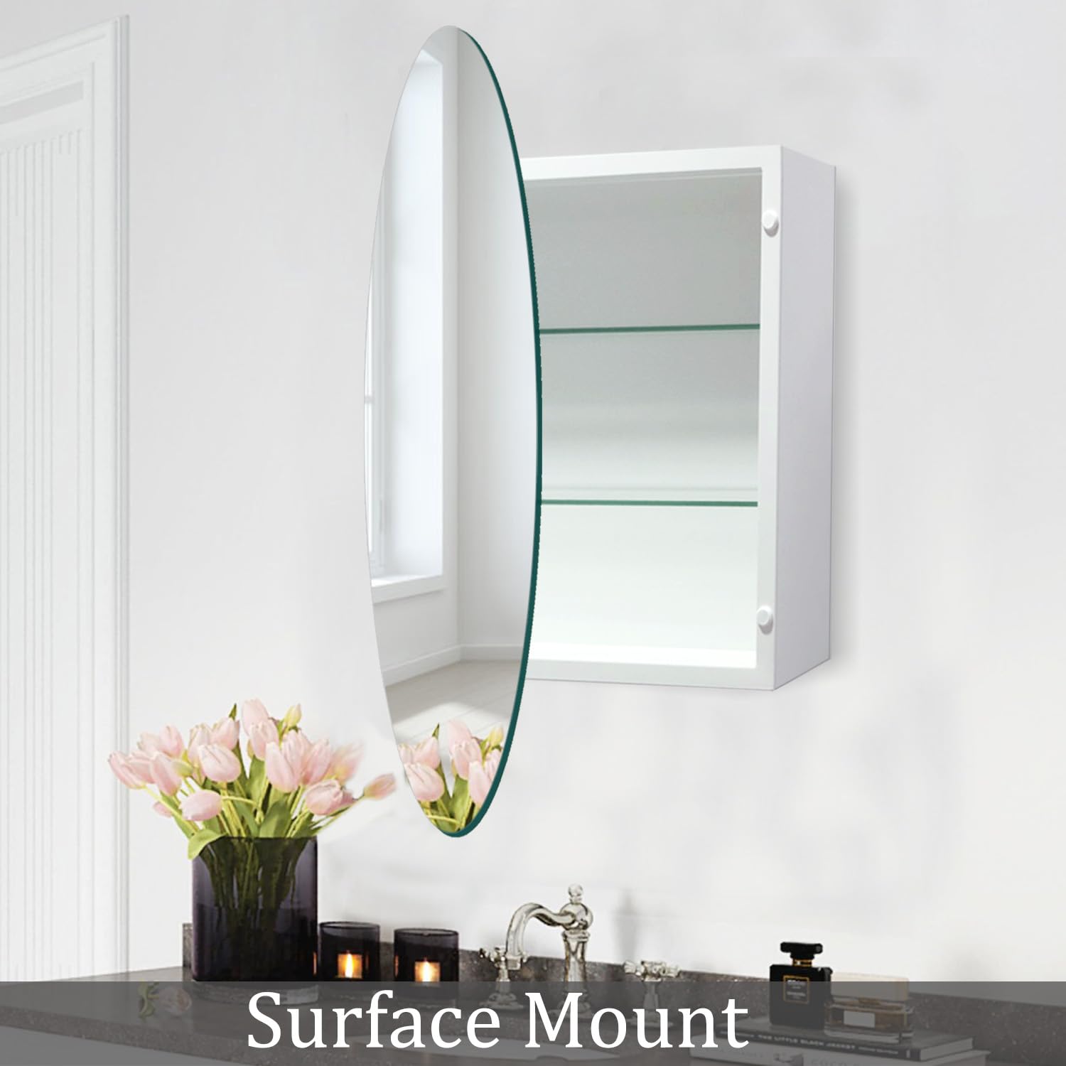 HESONTH Medicine Cabinet Round 28 Inch x 28 Inch Bathroom Cabinet Mirror, Circular Storage Cabinet Round Frameless Mirror Cabinet with Surface Mounted