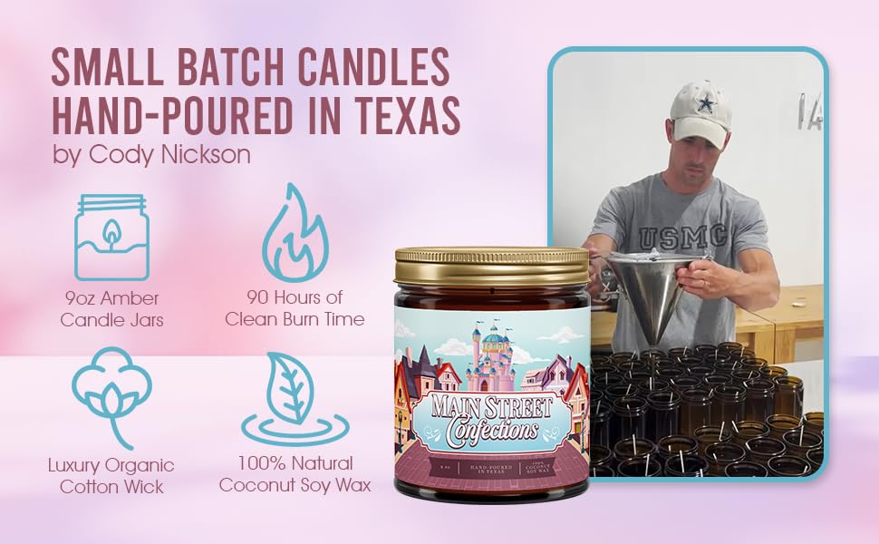 Fantaswick's Main Street Confections Candle | 100% Natural Coconut Soy Wax & Cotton Wick in Amber Candle Jar | Hand-Poured in Texas | 9oz