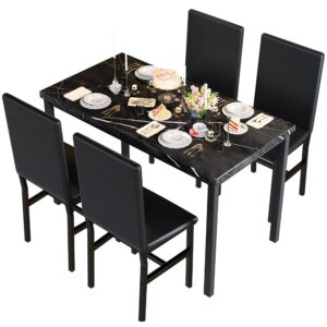 Recaceik Dining Table Set for 4, Kitchen Table and Chairs Set with Faux Marble Tabletop & 4 Leather Upholstered Chairs for Kitchen Dining Room, Compact Space, Dinette Set, Black+Black