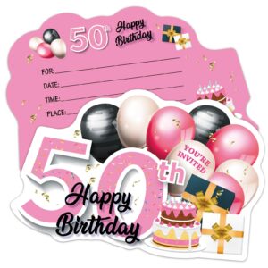 erhachaijia 20 pcs pink & black golden balloons & cake shaped fill-in invitations cards with envelopes, funny 50th happy birthday party 50 year old birthday invites for women lady wife mom adults