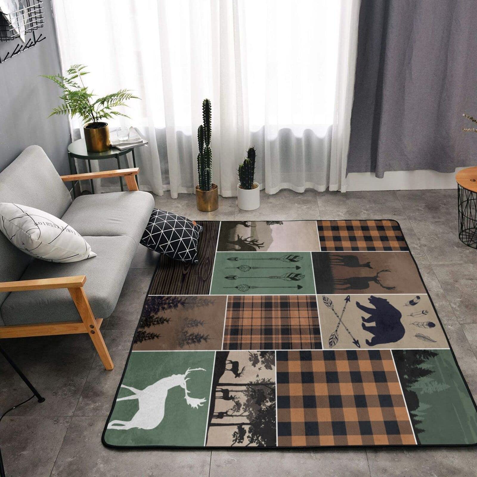 Cabin Deer Area Rugs,Rustic Hunting Camper Plaid Wild Bear Elk Forest Farmhouse Indoor Decor Non Slip Green Carpet Enterence Bedroom Study Kitchen 63x48 inch