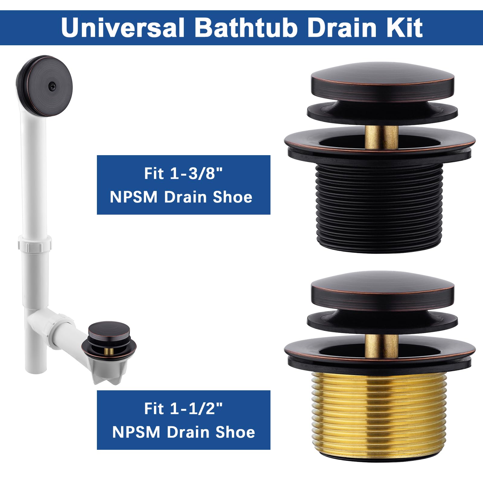 Anpean Brass Tip-Toe Bath Tub Drain Kit, Oil Rubbed Bronze Tub Drain and Overflow Kit with Single Hole