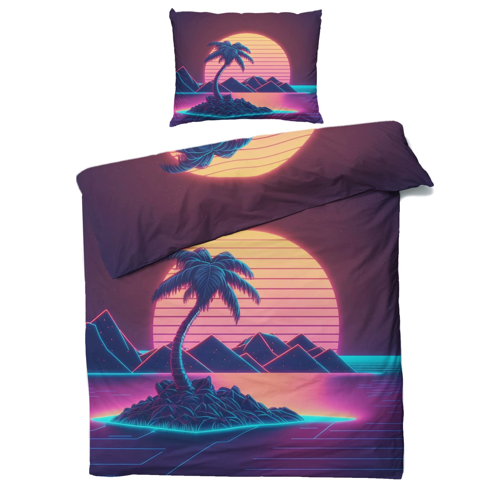 zcwl Vaporwave Duvet Cover Twin Size | Neon Sunset Palm Tree Bedding Set | 2 Piece | Soft Microfiber Patterned Comforter Cover with Zipper Ties & 1 Pillowcase | Vaporwave Bedroom & Room Decor