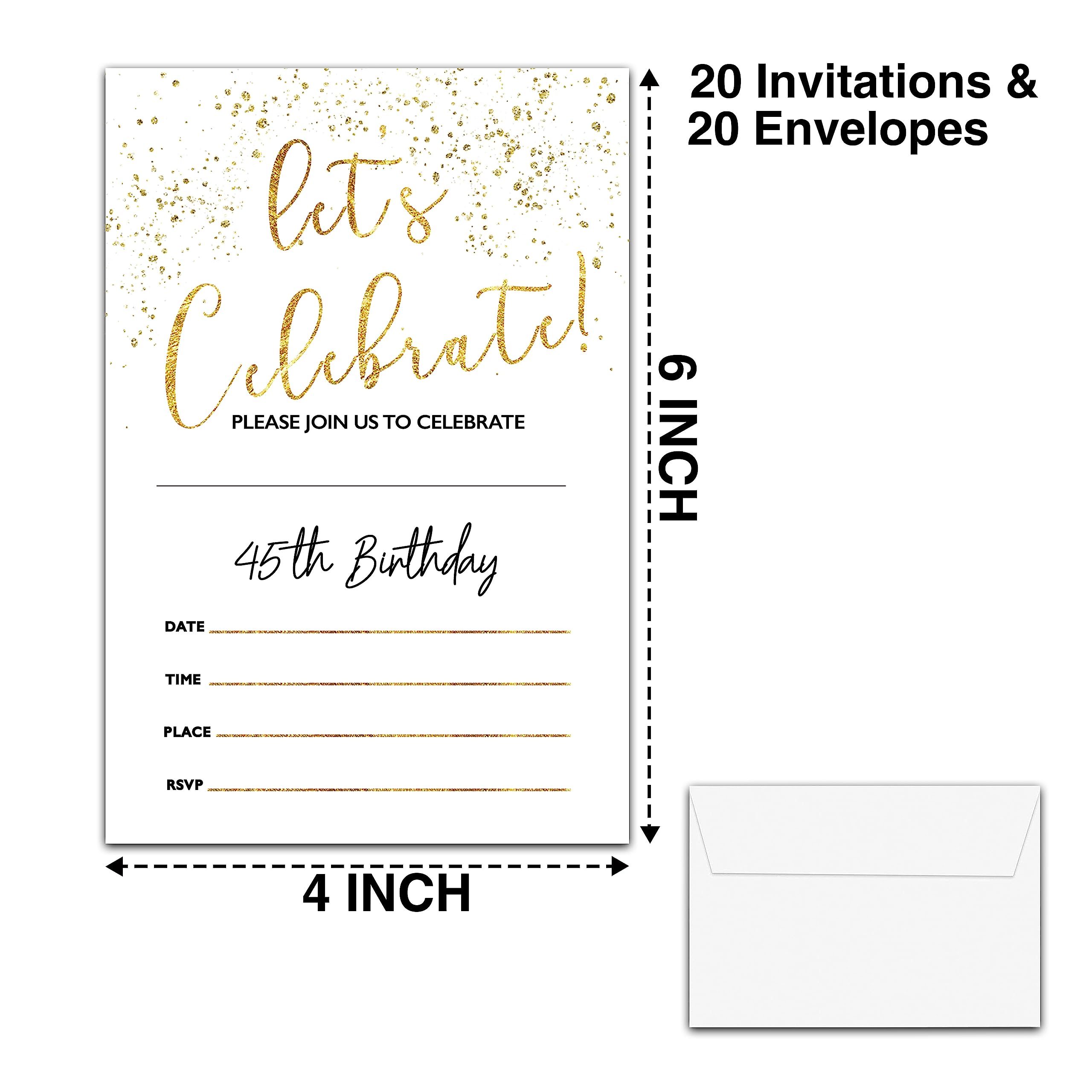 YSTEP 45th Birthday Party Invitations, 20 Invite Cards with Envelopes, 4" x 6" White and Gold Confetti Birthday Invites - C24