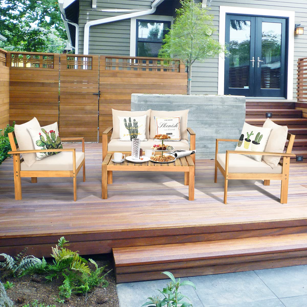 COSTWAY 8 Pieces Outdoor Acacia Wood Sofa Set, Outdoor Conversation Sofa Set with Table & Cushions Porch Chairs for Garden, Patio, Deck