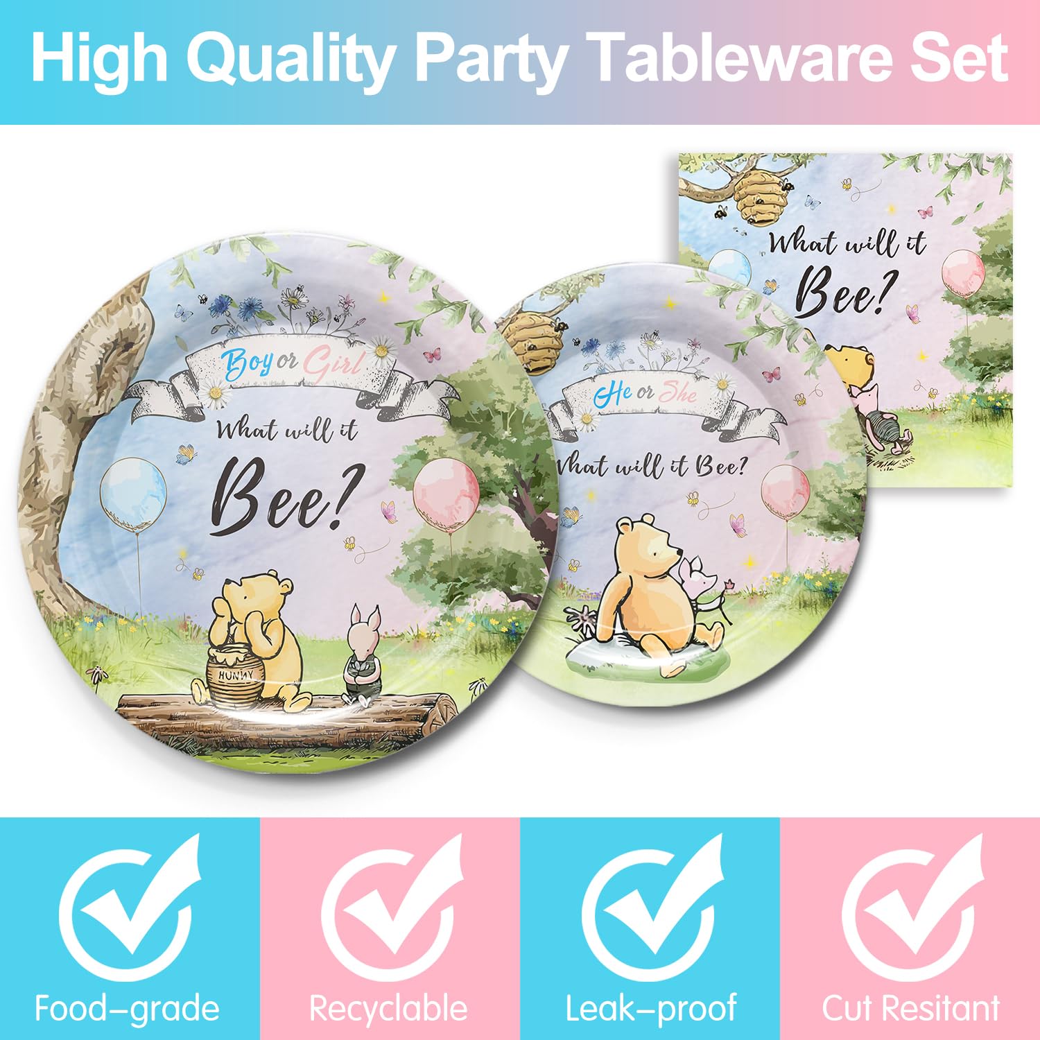 Piooluialy Winnie Bear Gender Reveal Party Supplies - Classic Winnie Pooh Party Supplies Include Plates, Cups, Napkins, Cutlery, Boy or Girl Winnie Baby Shower Decorations | Serves 24