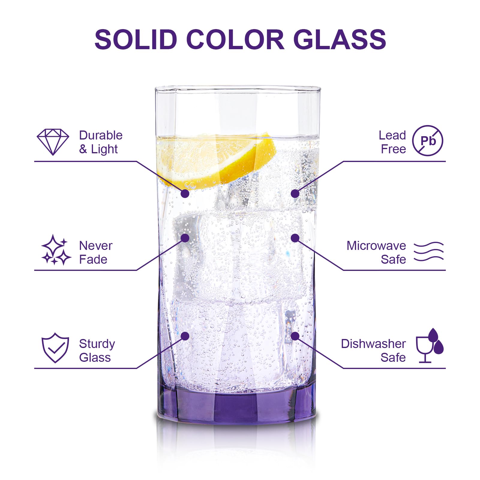 CREATIVELAND Geometric Shapes Glass Drinking Glasses Set of 6, 13.5 OZ Solid Purple Color Glass Tumbler Glassware for Water, Juice, Different Options for Home, Restaurant, Hotel, Bar