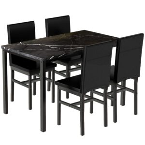 recaceik dining table set for 4, kitchen table and chairs set with faux marble tabletop & 4 leather upholstered chairs for kitchen dining room, compact space, dinette set, black+black