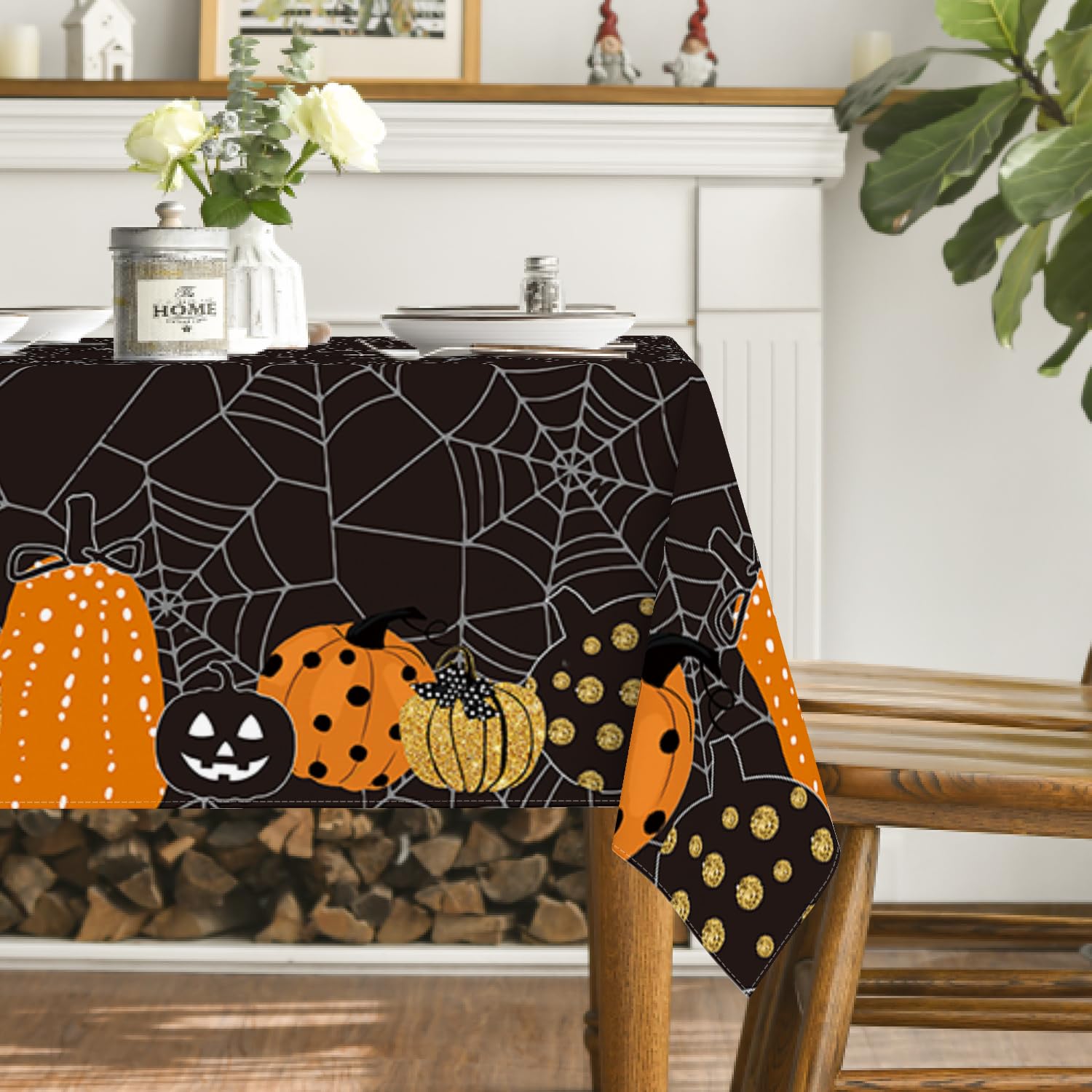 Horaldaily Halloween Tablecloth 60x84 Inch Rectangular, Jack-O-Lantern Pumpkin Cobweb Scary Themed Black Washable Table Cover for Party Picnic Dinner Decor