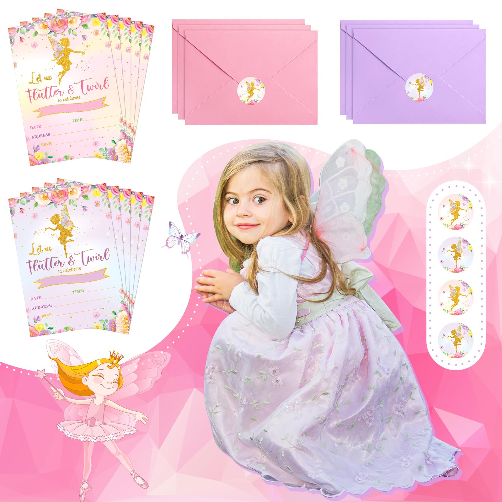 Chuangdi 24 Piece Flower Fairy Birthday Party Invitation Set with Envelope and Stickers