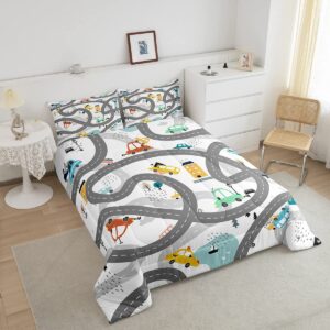 Cartoon Cars Comforter Set Twin, City Roads Bedding, Hand Drawn Cute Town Road Trees Bedding Comforter Sets, Teal Yellow Blue Retro Rustic Farmhouse Lake Bedroom Decor Down Comforter For Boys