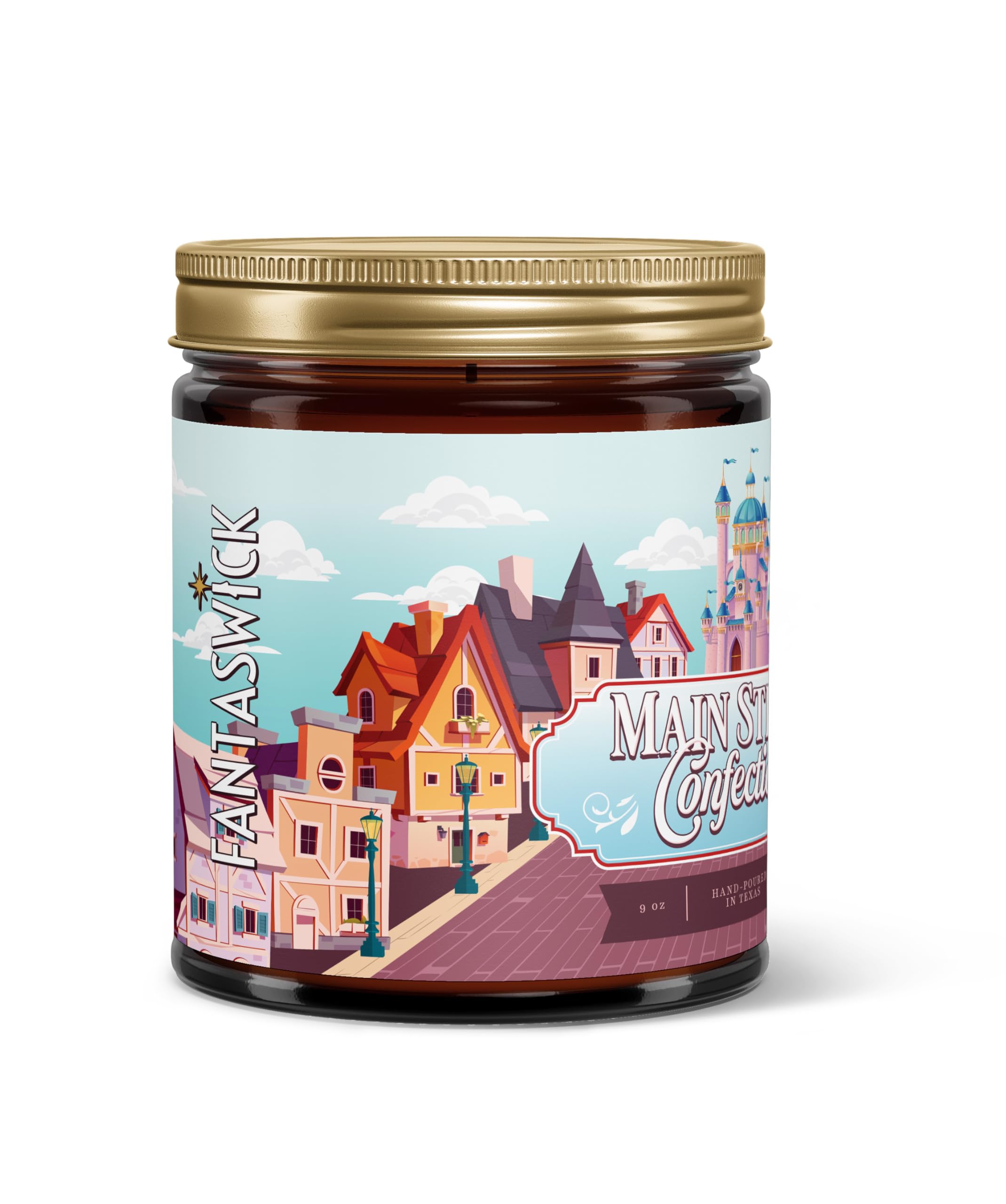 Fantaswick's Main Street Confections Candle | 100% Natural Coconut Soy Wax & Cotton Wick in Amber Candle Jar | Hand-Poured in Texas | 9oz