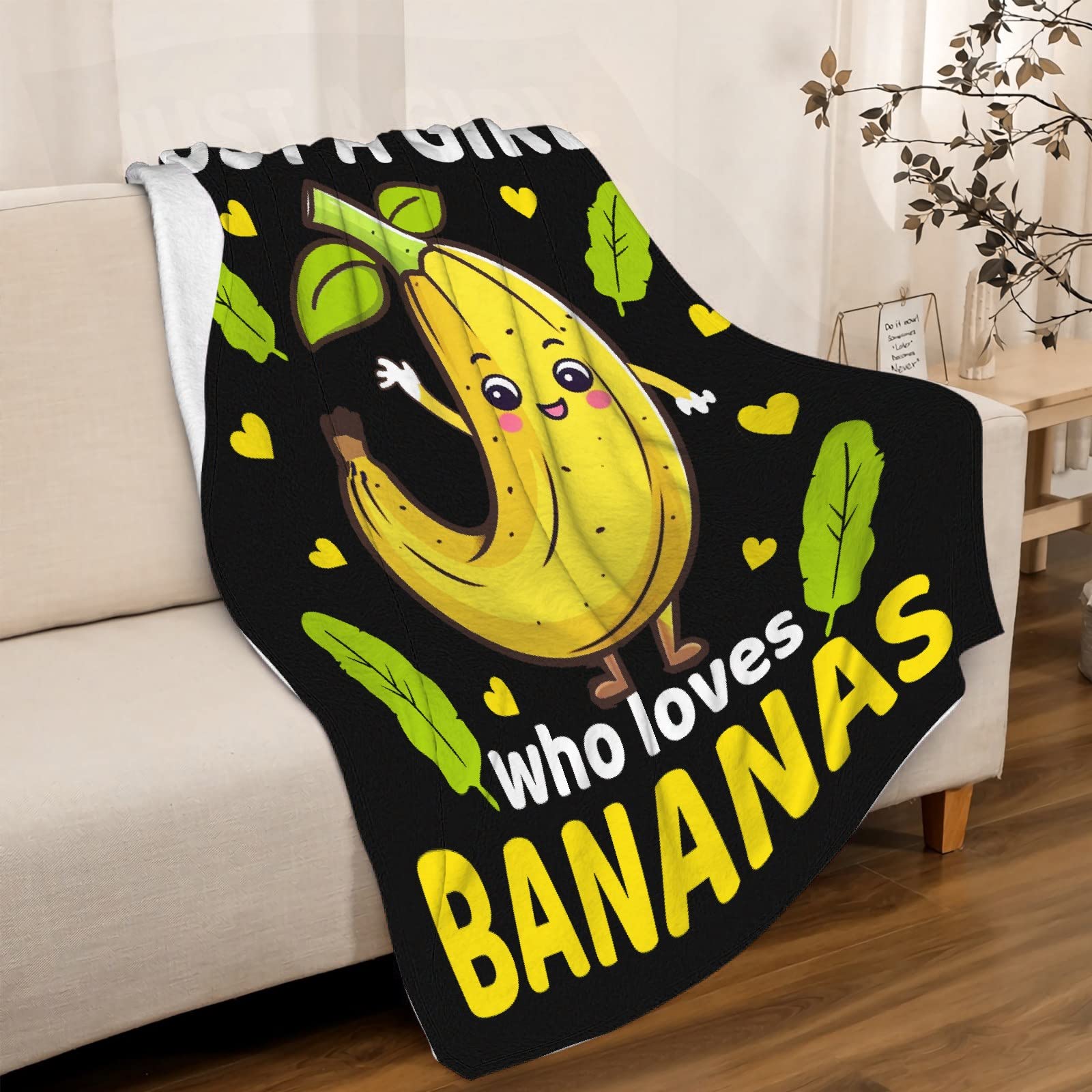 Cute Banana Throw Blanket Gifts for Girls Lover,Just Girl Who Loves Bananas Print Blankets,Soft Plush Flannel Quilt for Bed Sofa Couch Room Decoration 50 x 40in for Kids