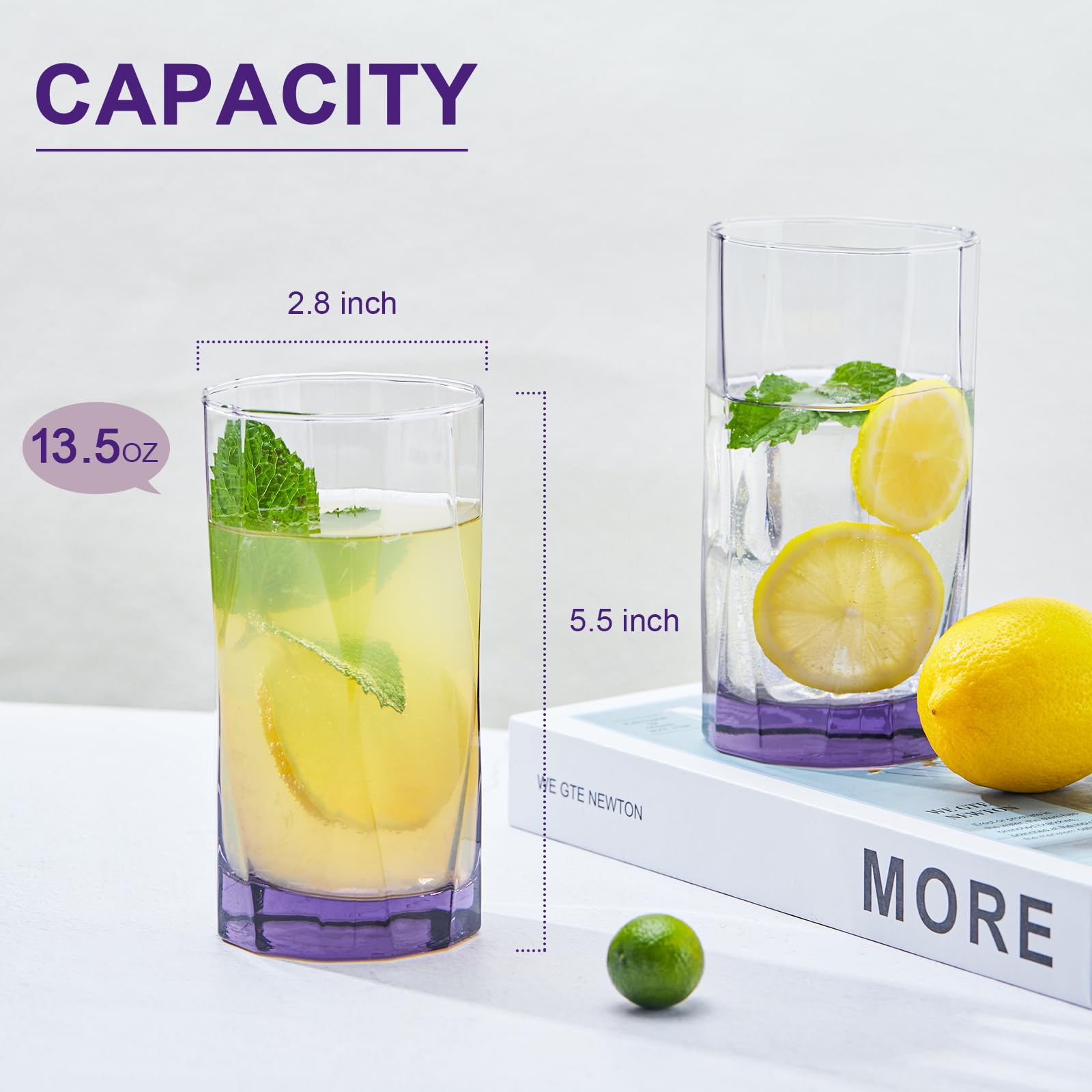 CREATIVELAND Geometric Shapes Glass Drinking Glasses Set of 6, 13.5 OZ Solid Purple Color Glass Tumbler Glassware for Water, Juice, Different Options for Home, Restaurant, Hotel, Bar