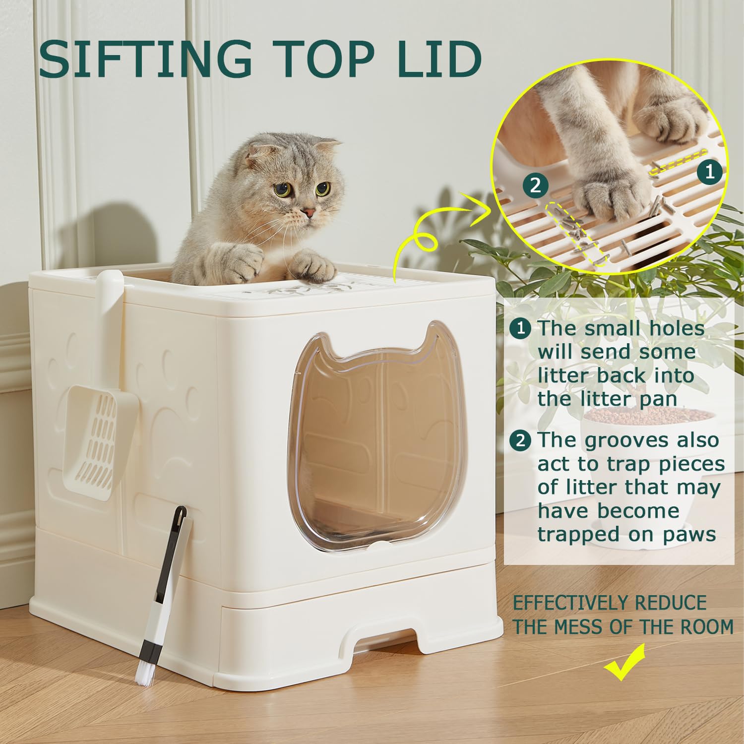 Pawsayes Cat Litter Box with Lid, Covered Top Entry Kitten Litter Pan for Small and Medium Cats, Anti-Splashing Kitty Potty with Slide-Out Litter Tray