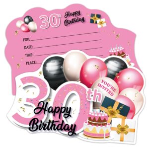 erhachaijia 20 pcs pink & black golden balloons & cake shaped fill-in invitations cards with envelopes, funny 30th happy birthday party 30 year old birthday invites for women lady wife mom adults