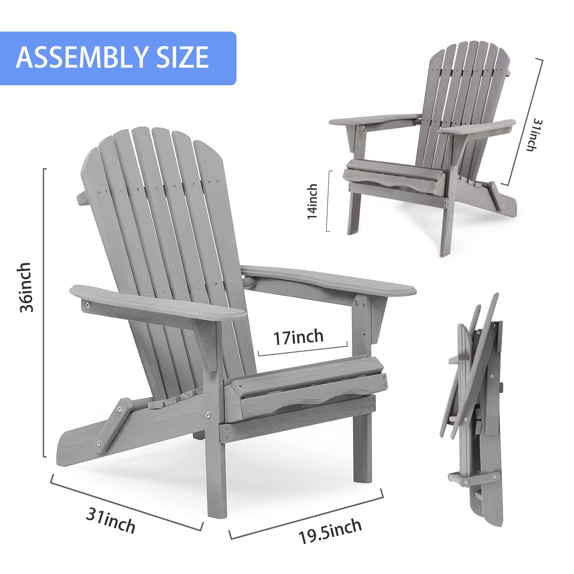 Fastroby Folding Adirondack Chair Set of 2 Solid Wood, 300 LBS Outdoor Patio Chairs Set of 2, Tall Comfortable Fire Pit Chair for Garden/Yard/Patio/Lawn, Grey