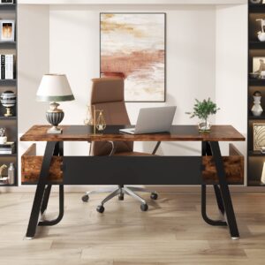 tribesigns 63 inch computer desk modern office desk with shelf for home office, large writing table wood business workstation with storage shelves and sturdy metal frame for study bedroom, black brown