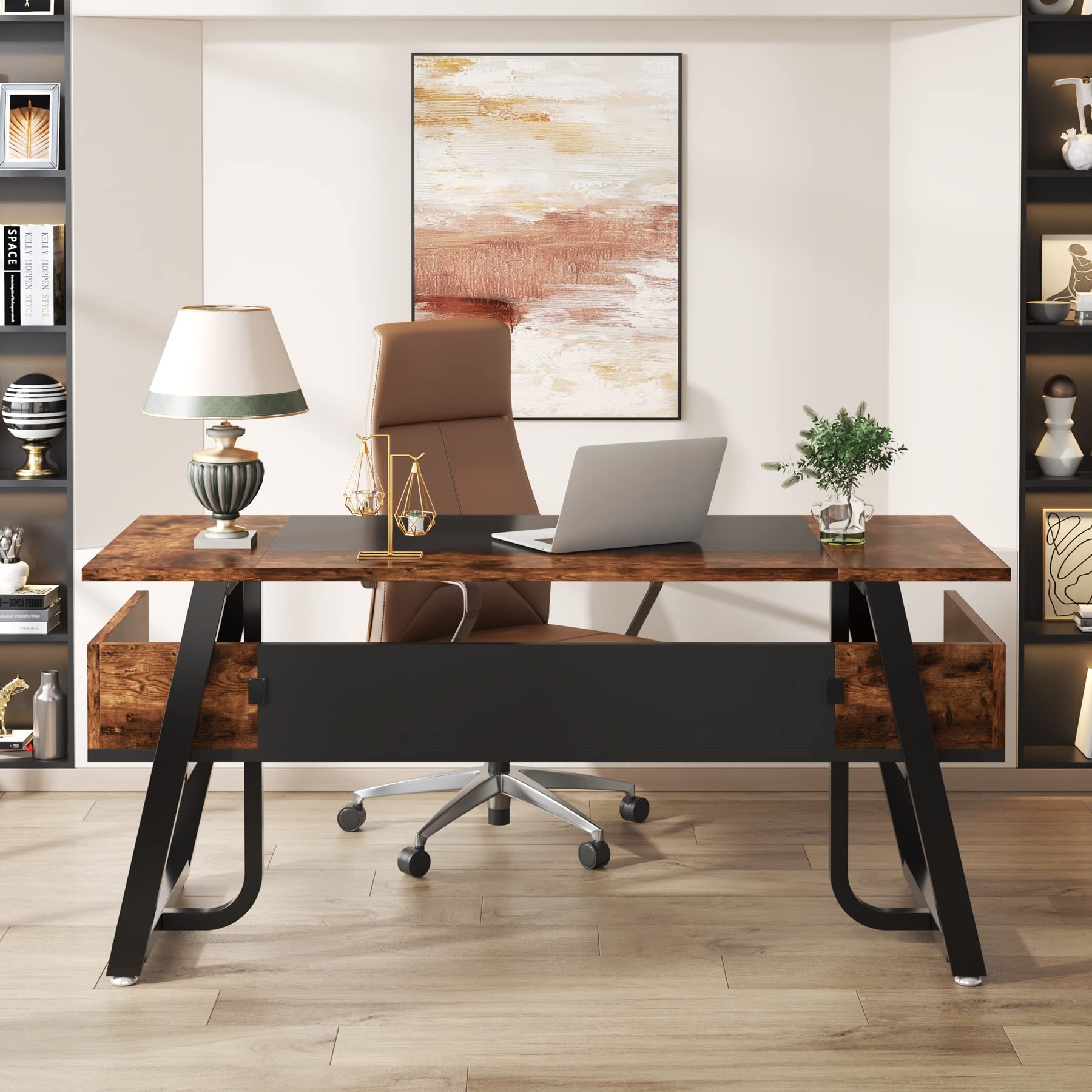 Tribesigns 63 inch Computer Desk Modern Office Desk with Shelf for Home Office, Large Writing Table Wood Business Workstation with Storage Shelves and Sturdy Metal Frame for Study Bedroom, Black Brown