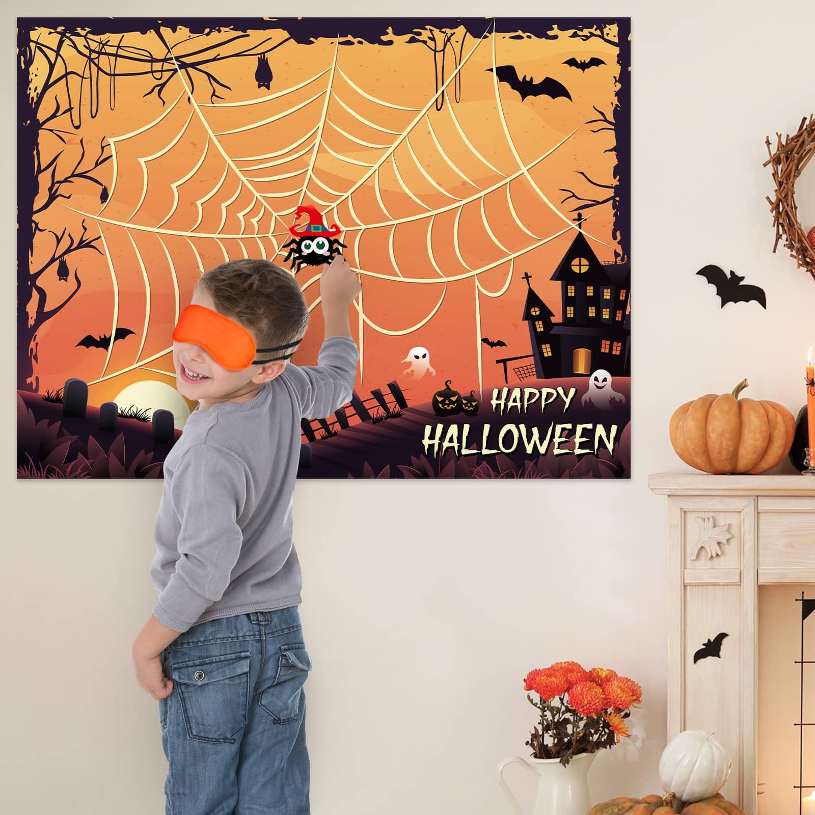 Pin The Spider on The Web - Halloween Party Games for Kids Halloween Game Boys Halloween Birthday Game Girls Pin Game with 24 PCS Stickers Blindfold Halloween Classroom Games