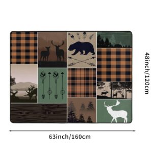 Cabin Deer Area Rugs,Rustic Hunting Camper Plaid Wild Bear Elk Forest Farmhouse Indoor Decor Non Slip Green Carpet Enterence Bedroom Study Kitchen 63x48 inch